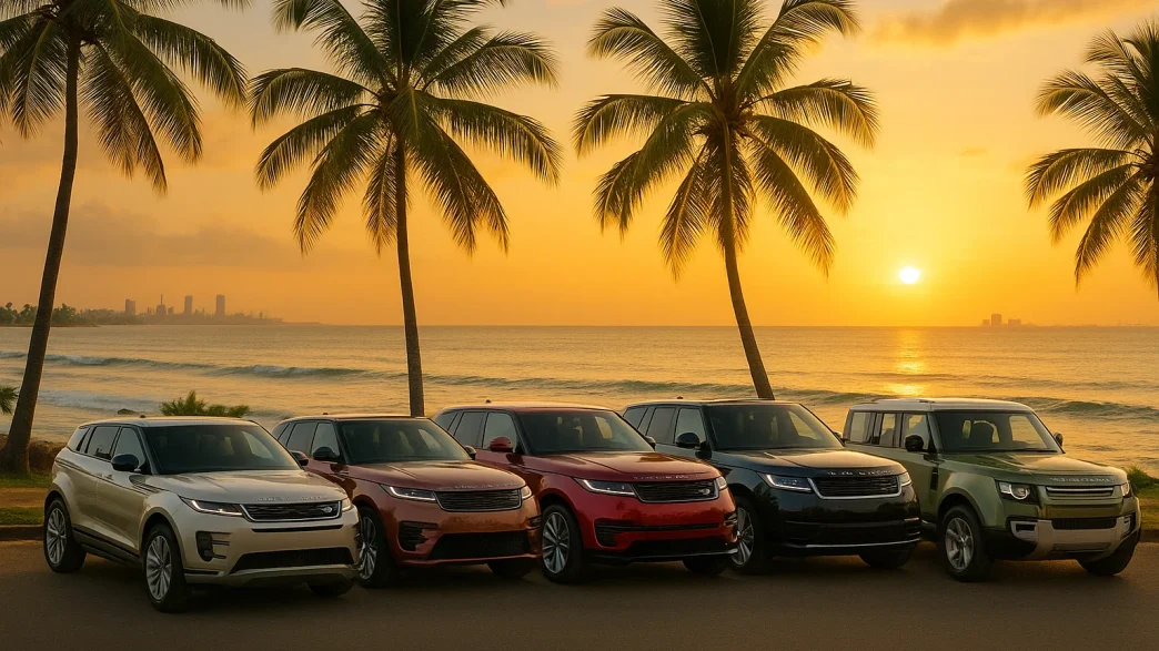 2025 Range Rover lineup in Sri Lanka by the coast at sunset.