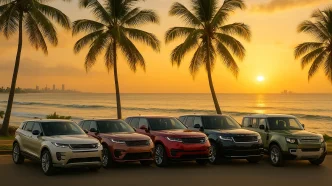 2025 Range Rover lineup in Sri Lanka by the coast at sunset.