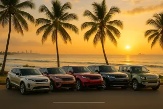 2025 Range Rover lineup in Sri Lanka by the coast at sunset.