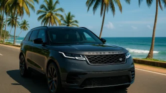 2025 Range Rover Velar Dynamic HSE driving on a scenic Sri Lankan coastal road with visible Range Rover branding.