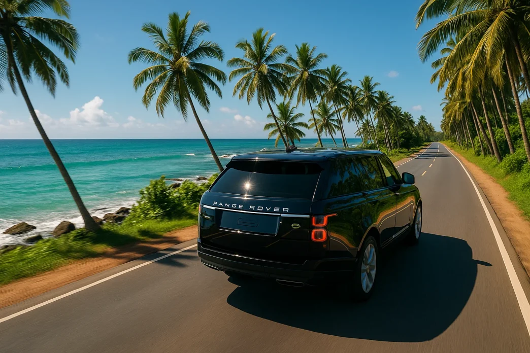 Luxury Range Rover driving along a scenic Sri Lankan coastal road with ocean views and palm trees.