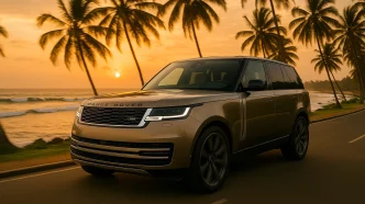 2025 Range Rover Autobiography driving along Sri Lanka’s Galle coastal road showcasing luxury design and prestige.