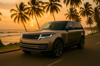 2025 Range Rover Autobiography driving along Sri Lanka’s Galle coastal road showcasing luxury design and prestige.