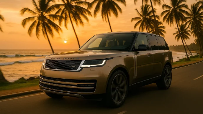 2025 Range Rover Autobiography driving along Sri Lanka’s Galle coastal road showcasing luxury design and prestige.