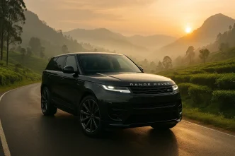 2025 Range Rover Sport in Ella, Sri Lanka with misty hills backdrop.