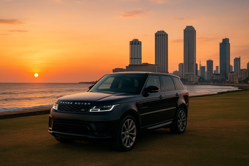 Range Rover Sport at Galle Face Green, Colombo sunset skyline.