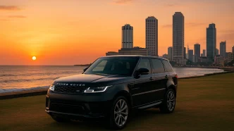 Range Rover Sport at Galle Face Green, Colombo sunset skyline.