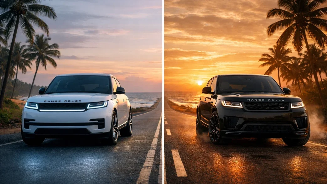 EV vs V8 Range Rover comparison on a scenic Sri Lankan highway.