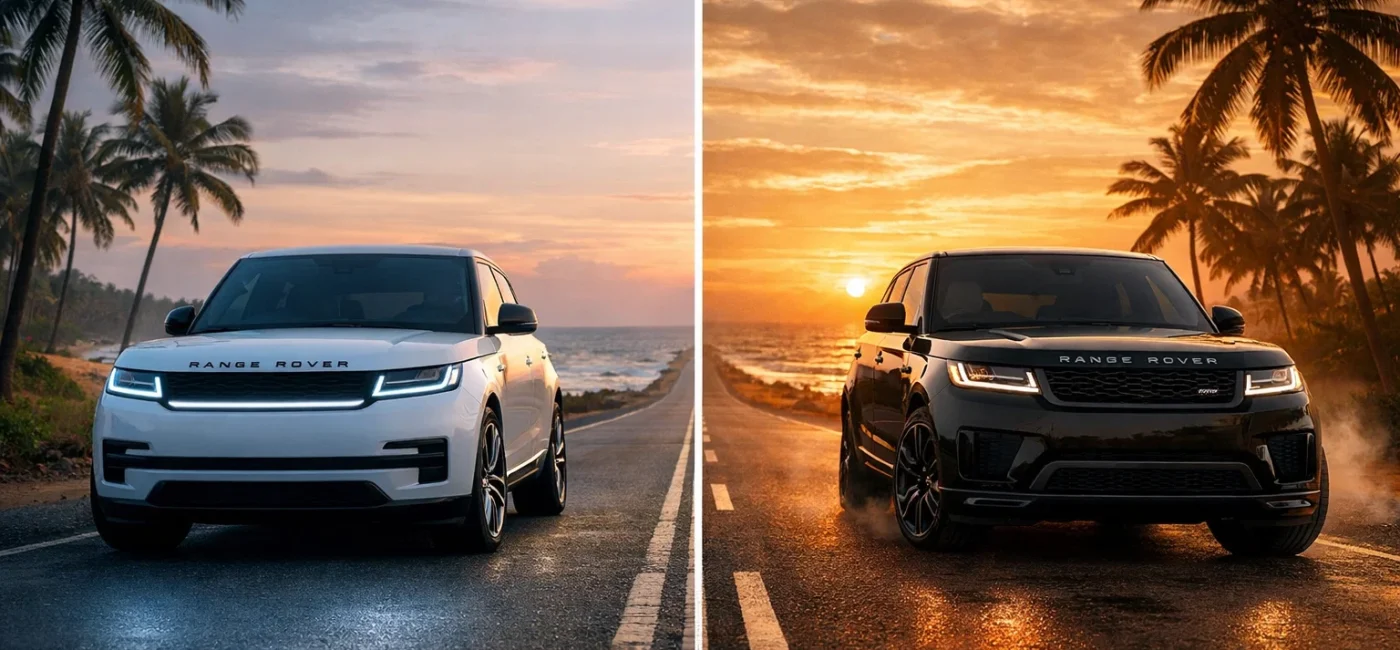 EV vs V8 Range Rover comparison on a scenic Sri Lankan highway.