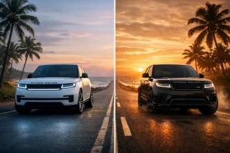 EV vs V8 Range Rover comparison on a scenic Sri Lankan highway.