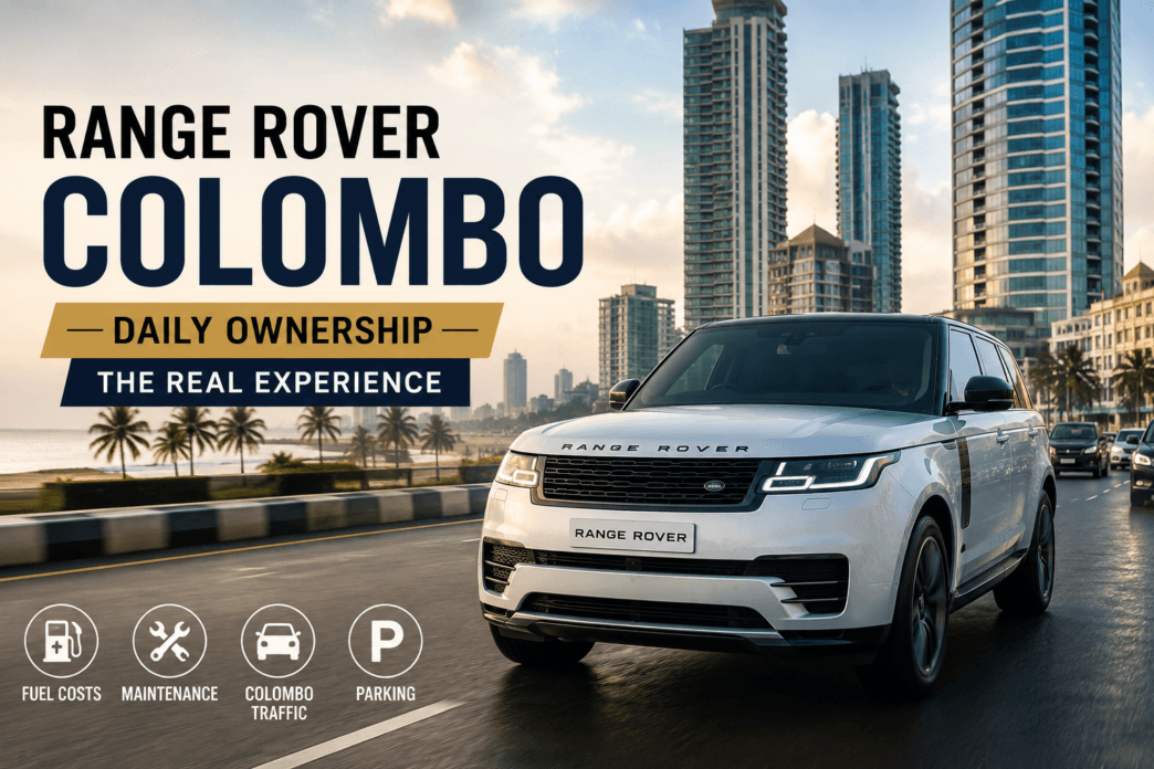 White Range Rover driving through Colombo city streets with modern skyline in the background.