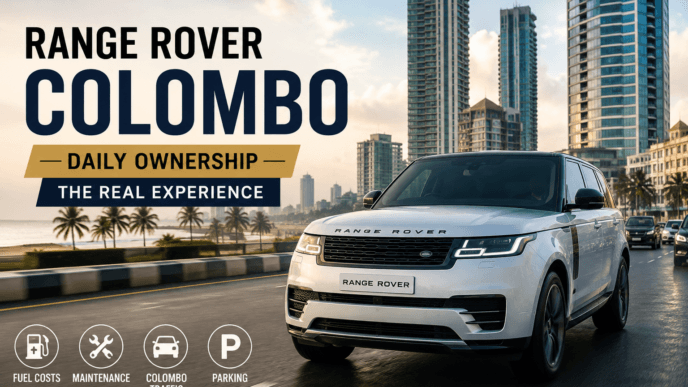 White Range Rover driving through Colombo city streets with modern skyline in the background.