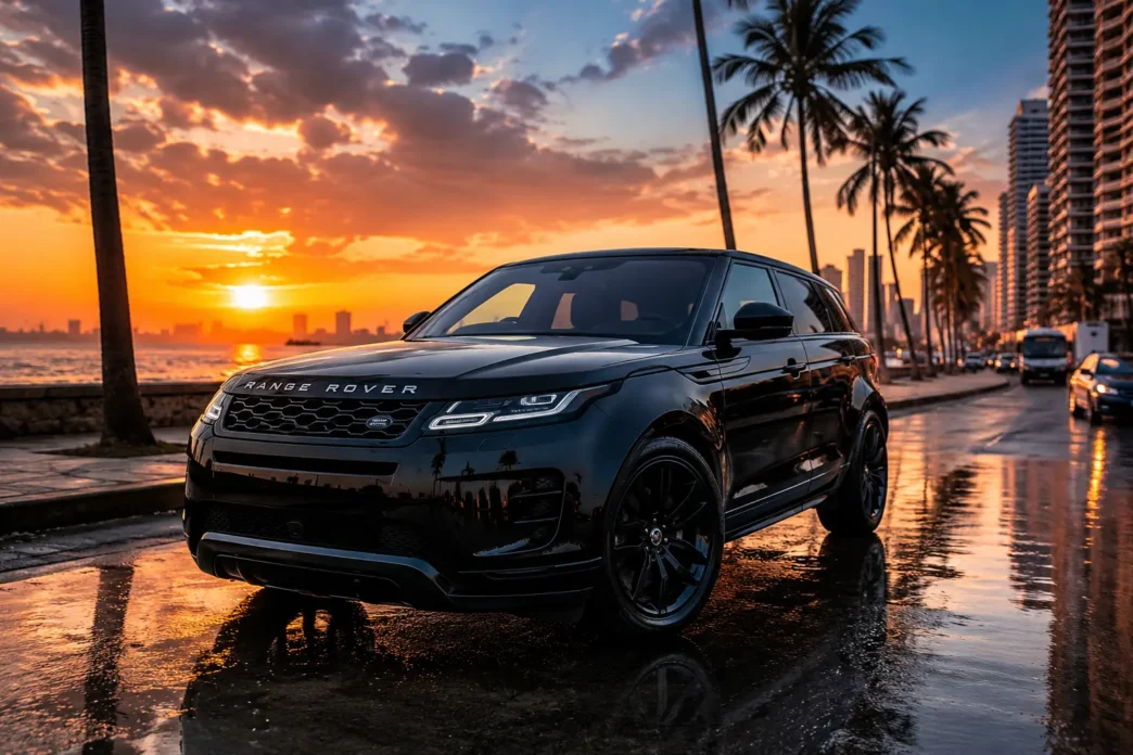 Range Rover Evoque, the cheapest Range Rover model available in Sri Lanka in 2026, parked on Galle Road in Colombo during sunset.