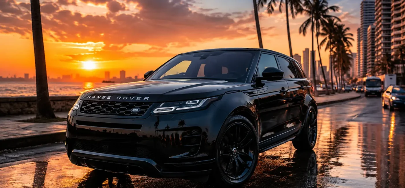 Range Rover Evoque, the cheapest Range Rover model available in Sri Lanka in 2026, parked on Galle Road in Colombo during sunset.