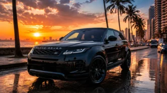 Range Rover Evoque, the cheapest Range Rover model available in Sri Lanka in 2026, parked on Galle Road in Colombo during sunset.