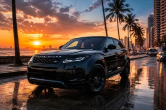 Range Rover Evoque, the cheapest Range Rover model available in Sri Lanka in 2026, parked on Galle Road in Colombo during sunset.